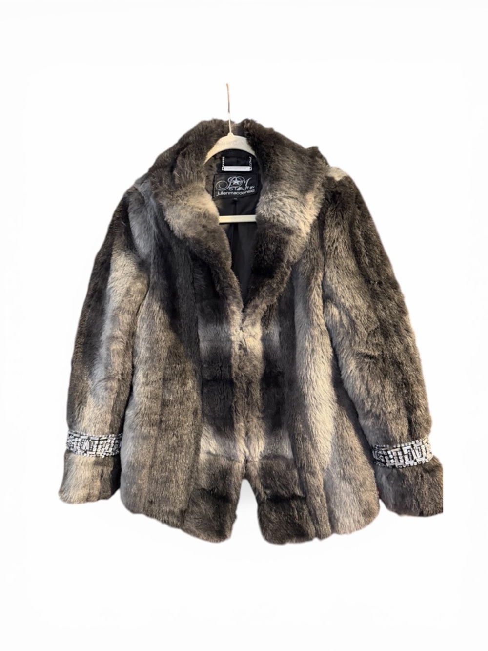 Luxstar Plush Faux Fur Coat in Charcoal Gray with Embellished Cuffs